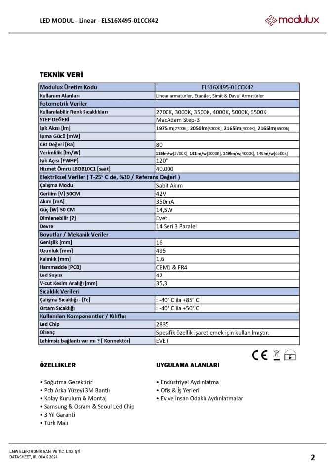 30W / MT Sabit Akım Tek Sıra Linear LED Modül 42 LED, 50 CM- ELS16X495-01CCK42