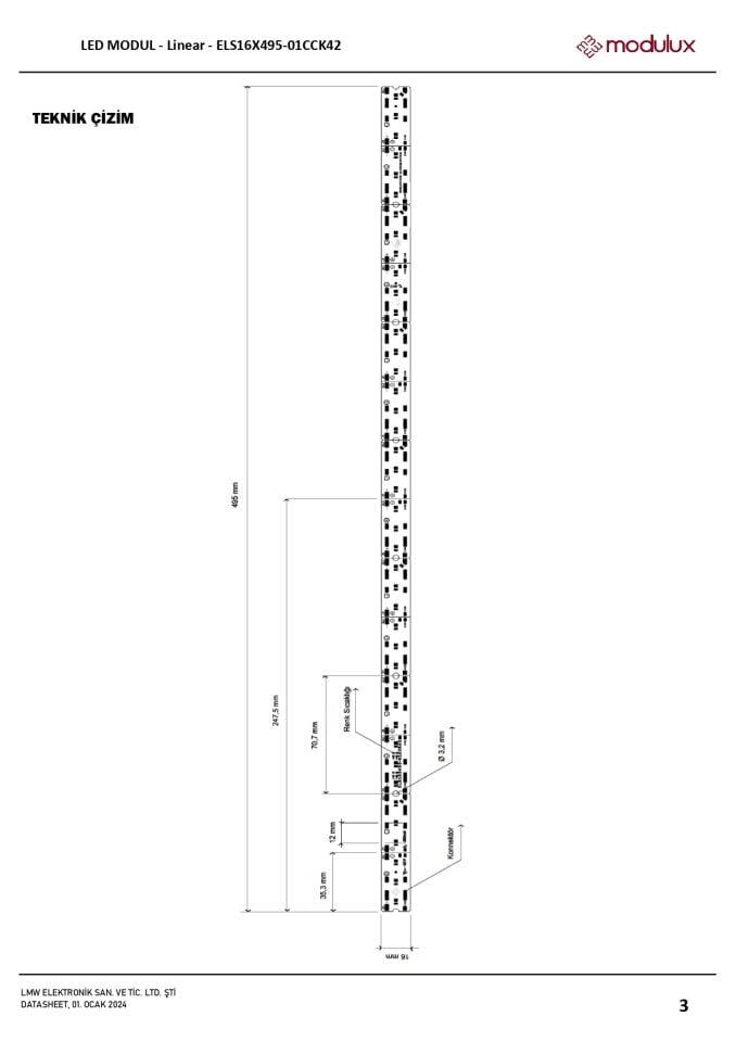 30W / MT Sabit Akım Tek Sıra Linear LED Modül 42 LED, 50 CM- ELS16X495-01CCK42