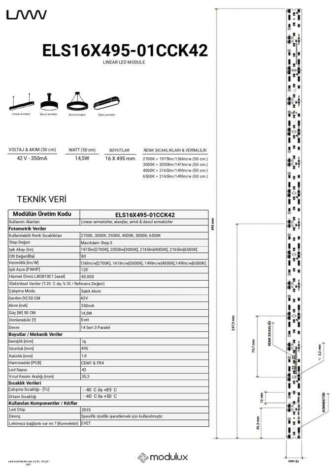 30W / MT Sabit Akım Tek Sıra Linear LED Modül 42 LED, 50 CM- ELS16X495-01CCK42