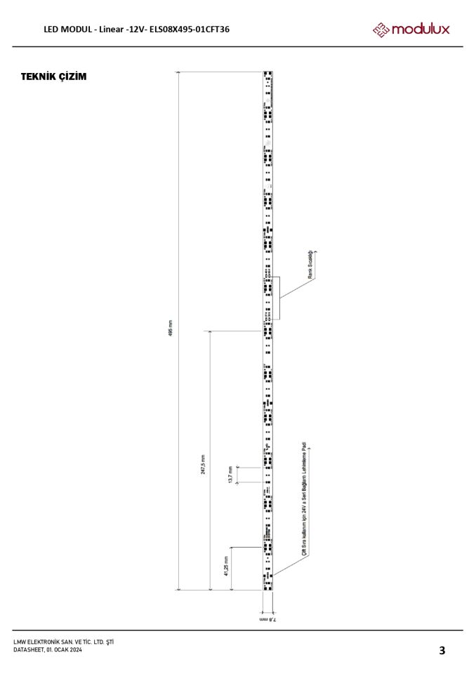 14.4W / MT Sabit Voltaj 12V Linear LED Modül 3M Bantlı Çubuk LED - ELS08X495-01CFT36