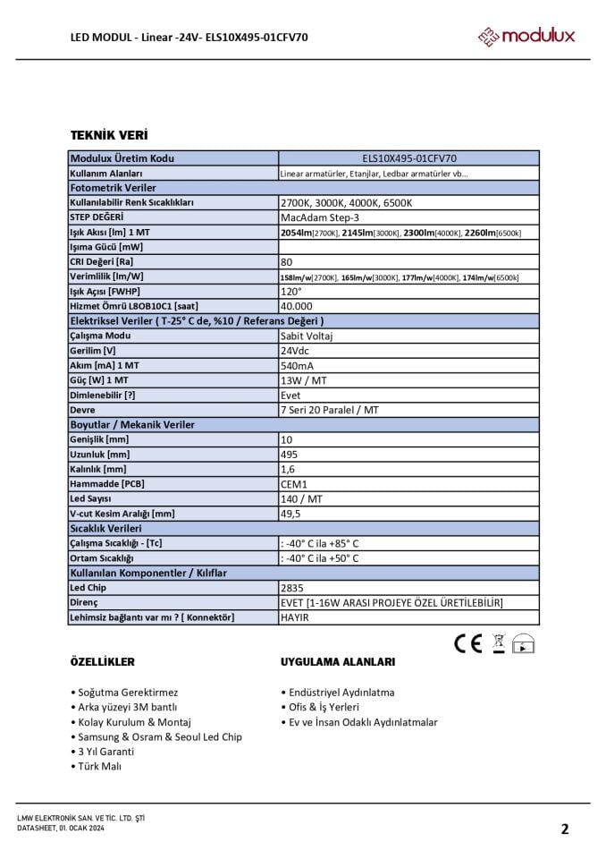 14.4W / MT Sabit Voltaj 24V 140 LED/MT Linear LED Modül 3M Bantlı - ELS10X495-01CFV70