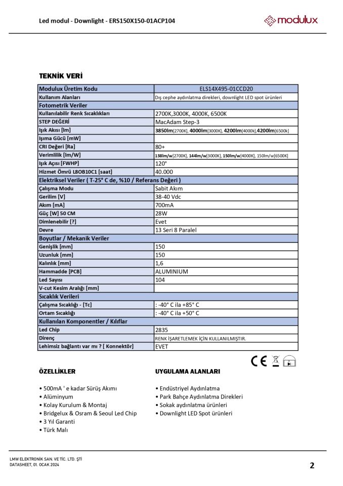 27W 150mm 104 LED Downlight Alüminyum PCB | 38-40V 700mA | 2835 Sabit Akım Yuvarlak LED Modül-ERS150X150-01CCP104