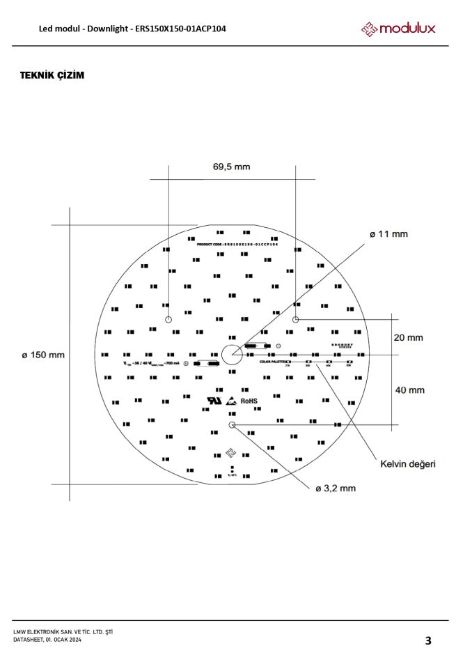 27W 150mm 104 LED Downlight Alüminyum PCB | 38-40V 700mA | 2835 Sabit Akım Yuvarlak LED Modül-ERS150X150-01CCP104
