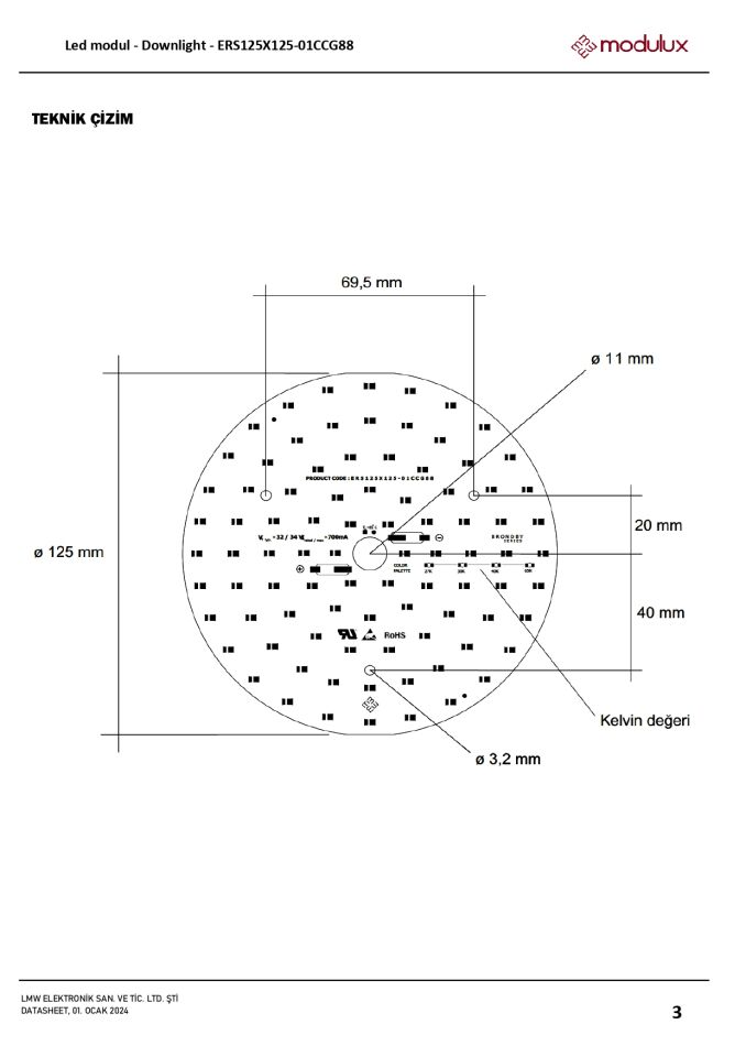 24W 125mm 88 LED Downlight Alüminyum PCB | 32-34V 700mA | Downlight Sabit Akım Yuvarlak LED Modül-ERS125X125-01CCG88