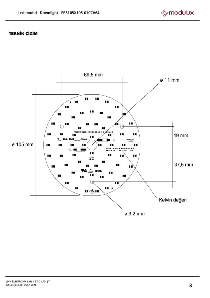 17W 105mm 64 LED Downlight Alüminyum PCB | 23-25V 700mA | Downlight Sabit Akım Yuvarlak LED Modül-ERS105X105-01CCV64
