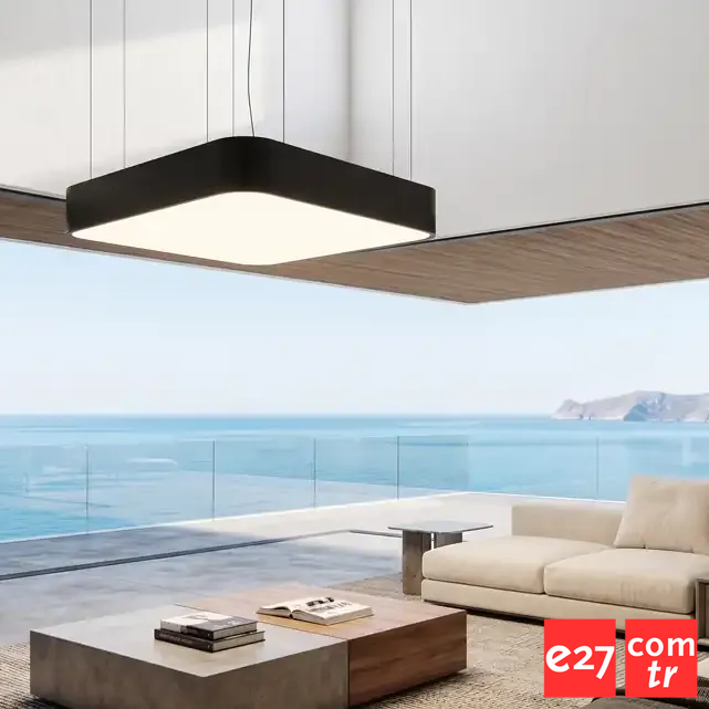 Kare Oval Davul Avize - Modern Sarkıt Aydınlatma SİYAH - 6500K - 60X60 92W